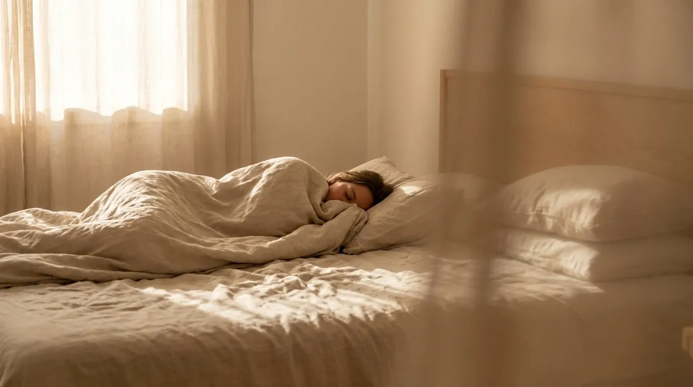 A person peacefully sleeping under soft white sheets, bathed in warm golden morning light.