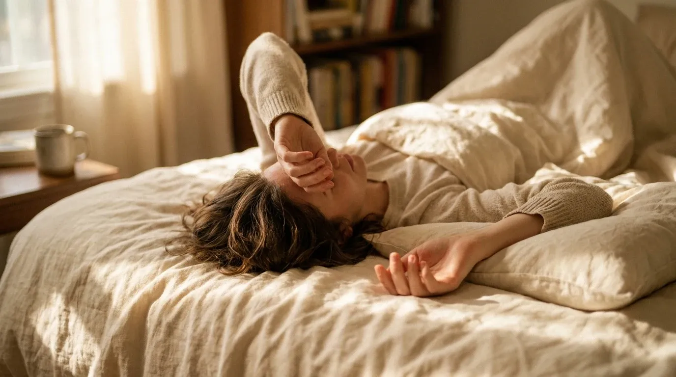 Person lying awake in rumpled bed linens with arm across eyes, conveying sleeplessness.