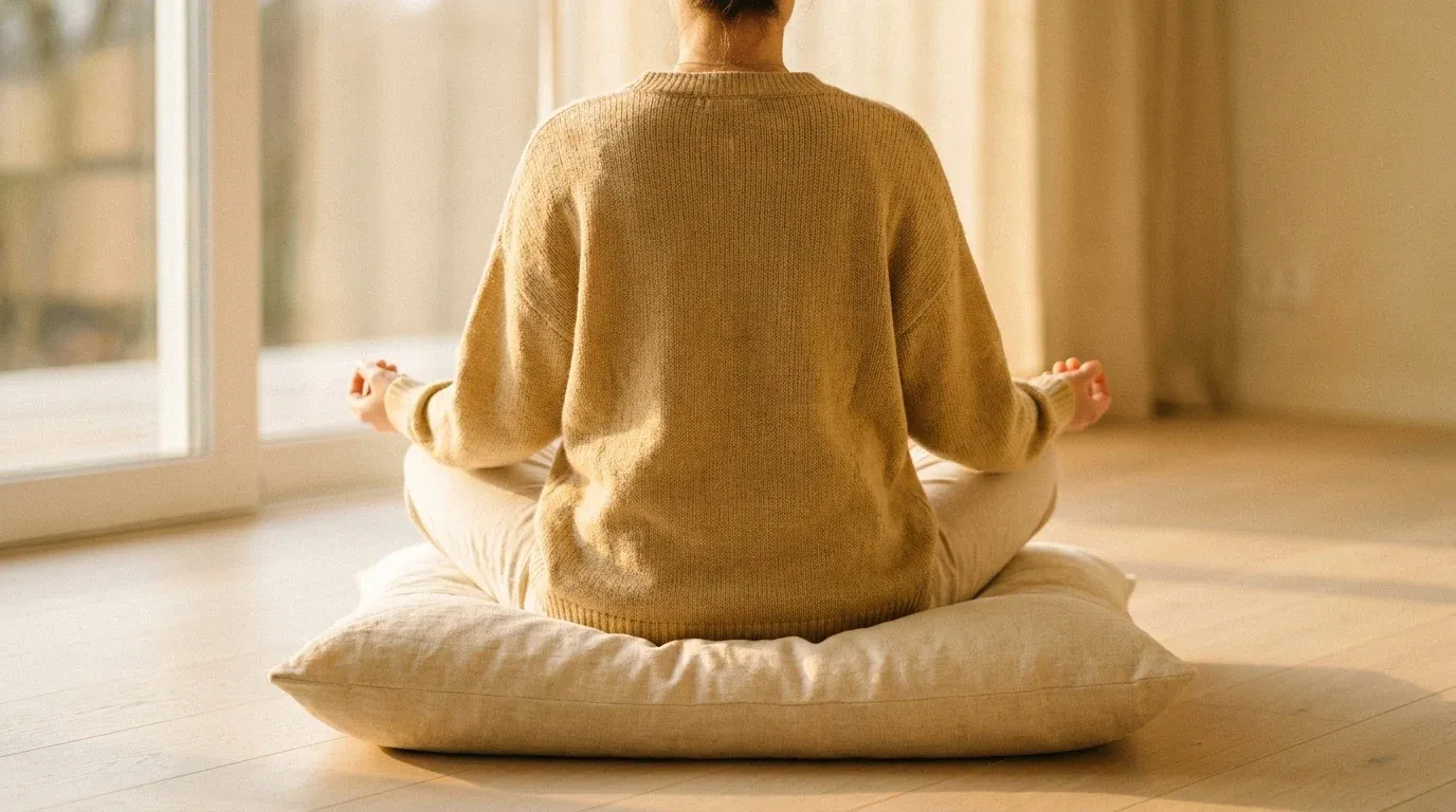 Person seated in meditation on cream cushion, bathed in soft golden morning light.