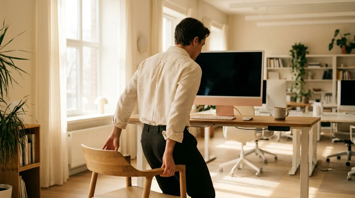Person rising from an office chair in a bright open-plan workspace filled with natural daylight.