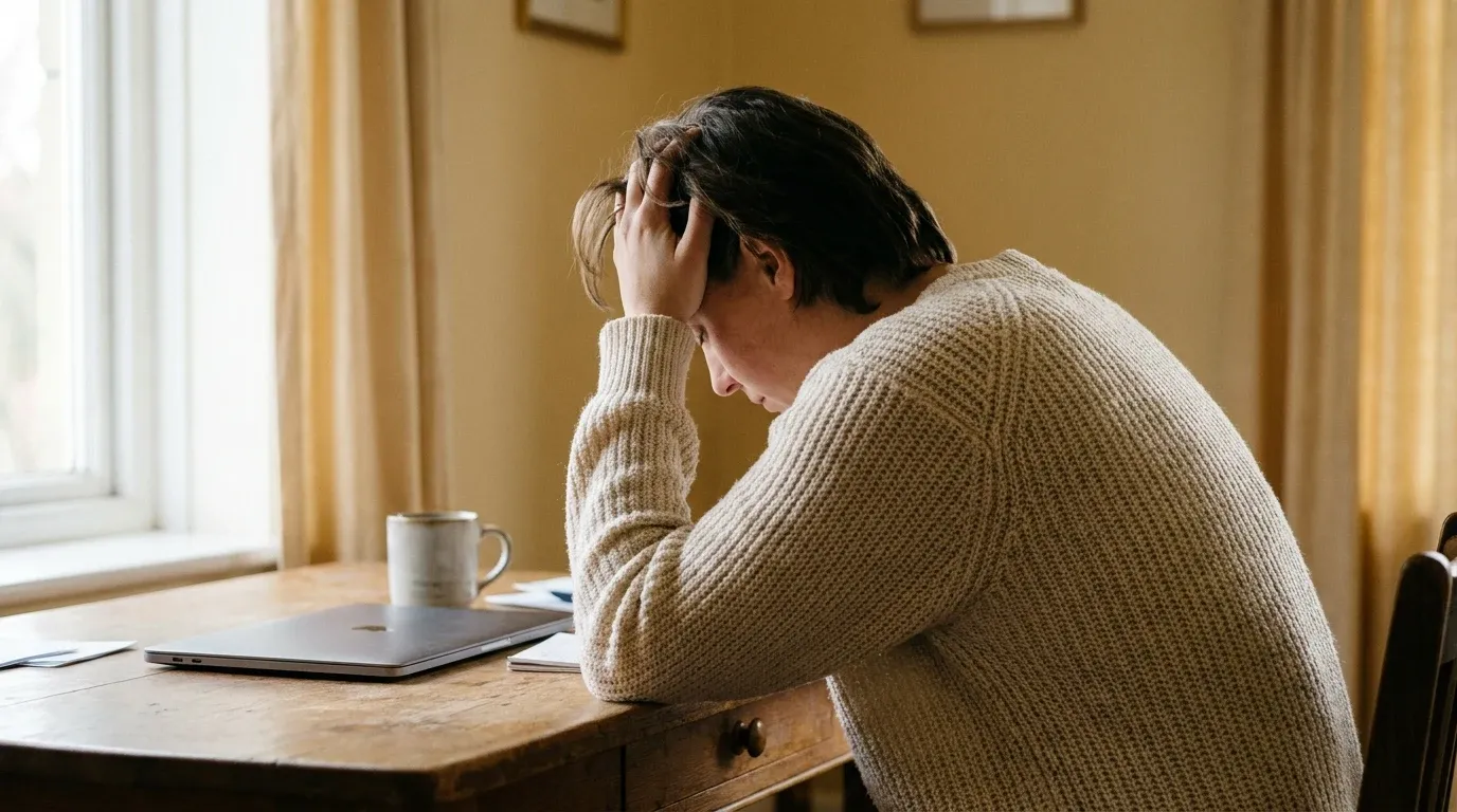 Person sitting alone at a home desk with head resting on hand, shoulders slumped, conveying exhaustion and stress.