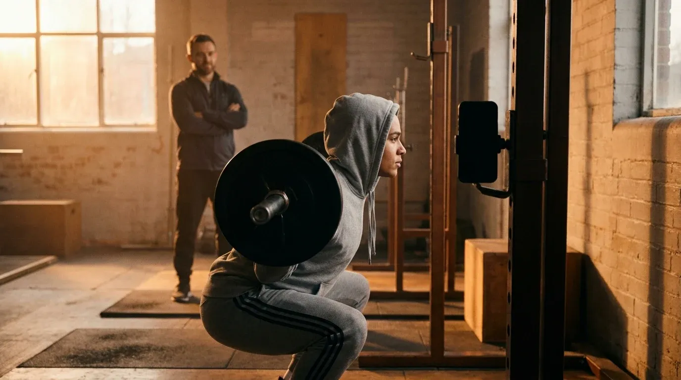 Athlete performing barbell squat glancing at phone on rack while coach watches in soft golden gym light.