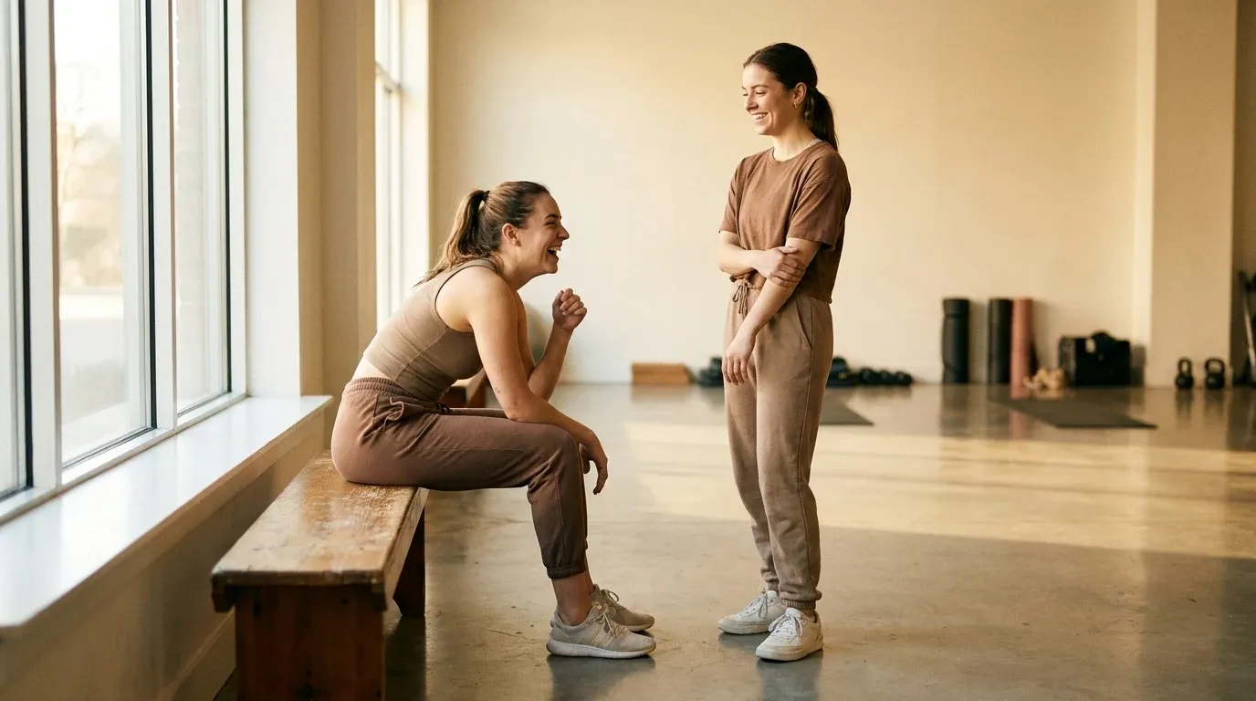 Two young women laugh together in a sunlit gym, sitting and standing close in genuine conversation.