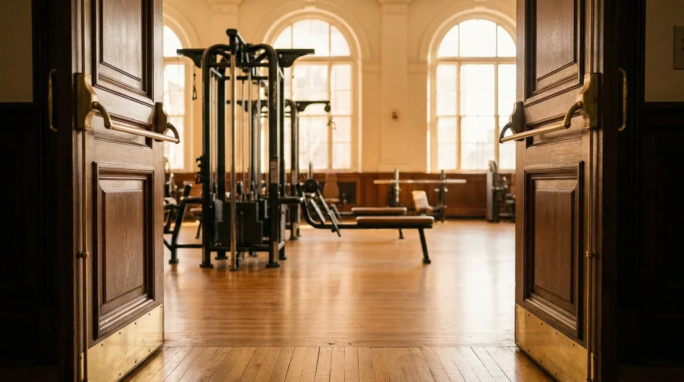 Ornate wooden doors opening onto a restored Parisian gym interior filled with warm golden afternoon light.