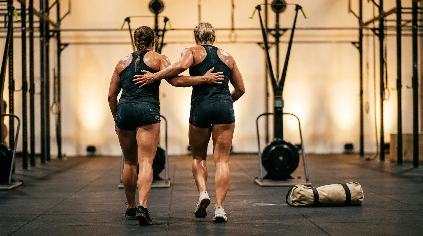 Two female athletes in matching kit move together through a HYROX competition floor in warm golden light.