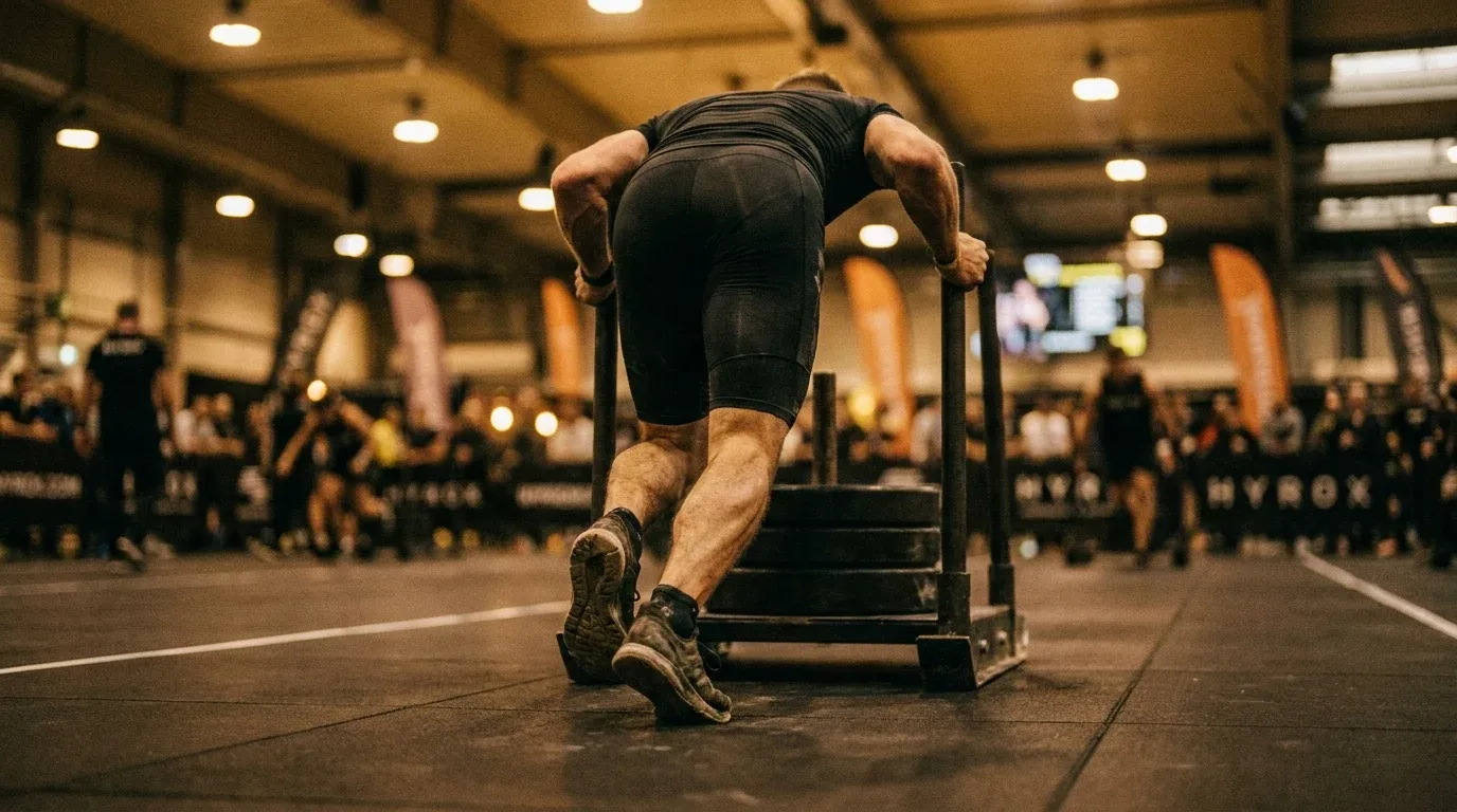 HYROX athlete in maximum exertion pushing a loaded sled across the gym floor.