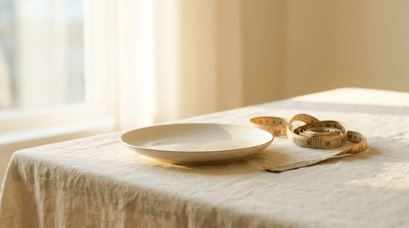 Empty white plate and measuring tape on cream linen, symbolizing food restraint and body measurement.