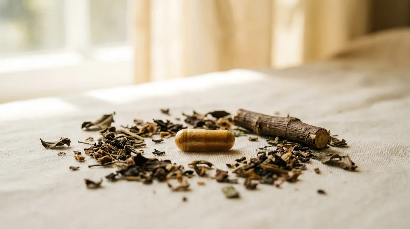 Amber supplement capsule surrounded by dried botanical fragments on cream linen in natural light.