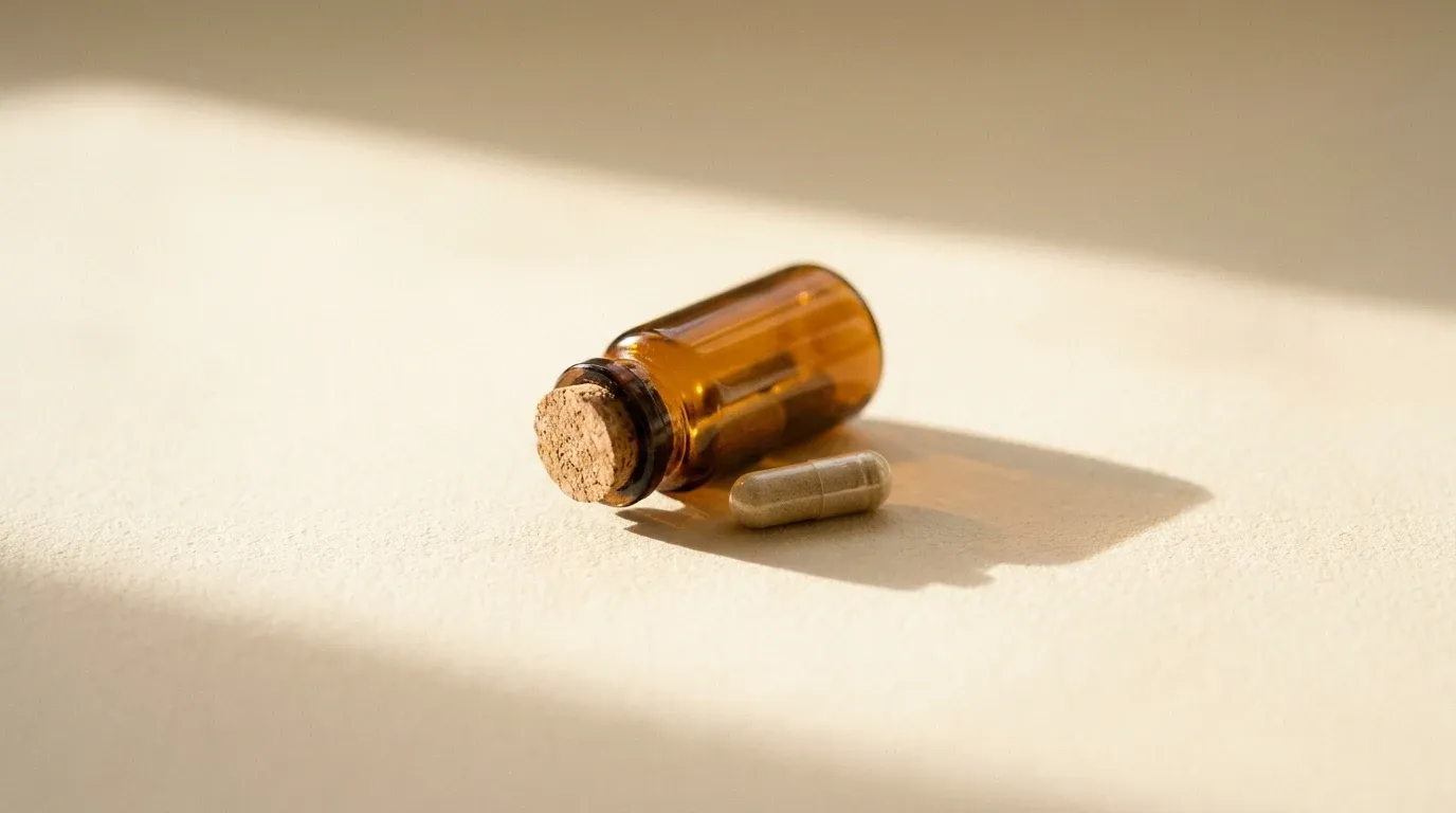 An amber glass vial tipped on its side with a single capsule on a warm cream surface.