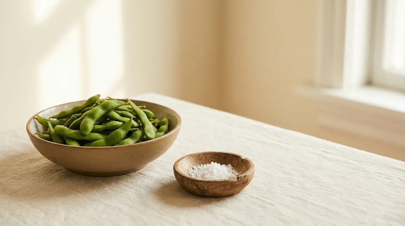 A ceramic bowl of bright green edamame and a dish of sea salt crystals on warm cream linen.