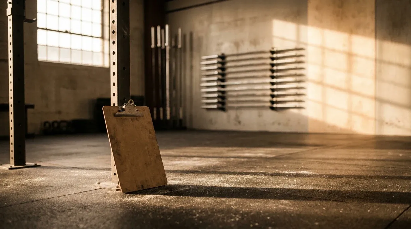 Empty CrossFit gym at dawn with racked barbells and a coach's clipboard illuminated by warm golden morning light.