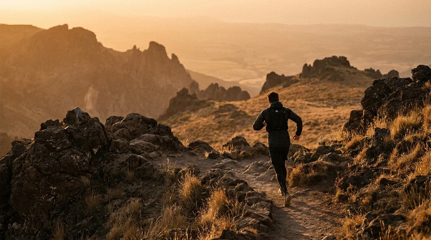 A lone trail runner captured mid-stride from behind on a rugged mountain path surrounded by vast volcanic terrain at golden hour.