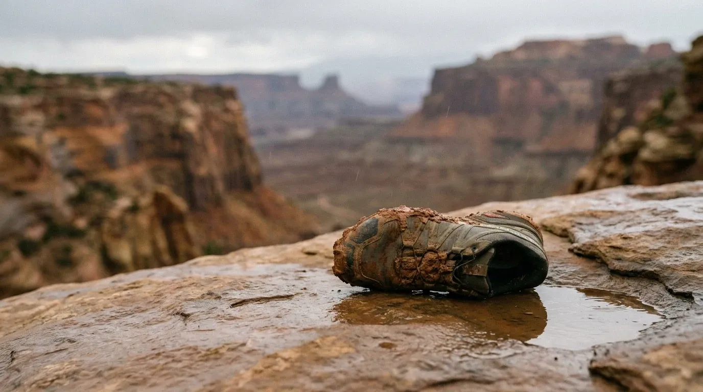 Abandoned trail running shoe on wet red sandstone covered in Utah desert mud.