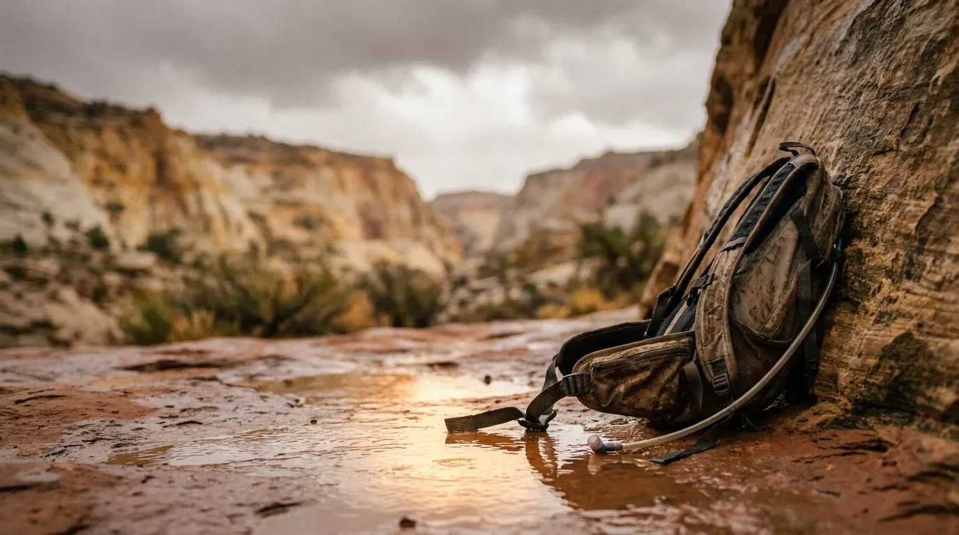 Abandoned trail running pack leaning against a rain-soaked sandstone canyon wall under stormy sky.