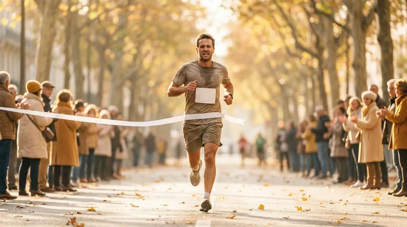 A marathon runner crosses the finish line at Rennes Green Marathon, bathed in golden autumn light with spectators cheering.