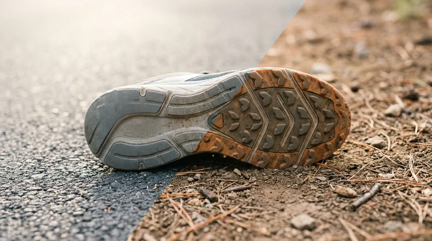 Running shoe sole split between smooth road and rough trail surfaces.