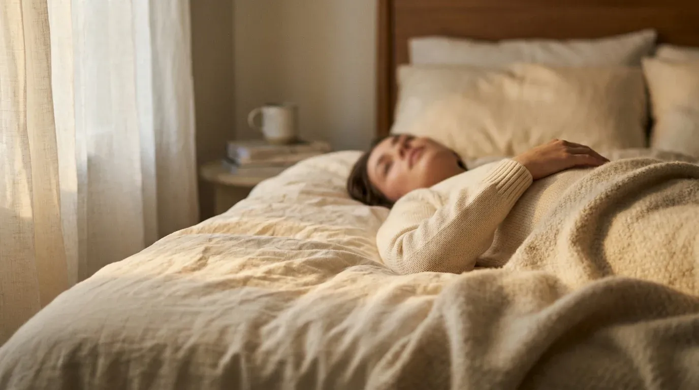 Person sleeping deeply on their back in bed with arm across chest, bathed in soft golden morning light.