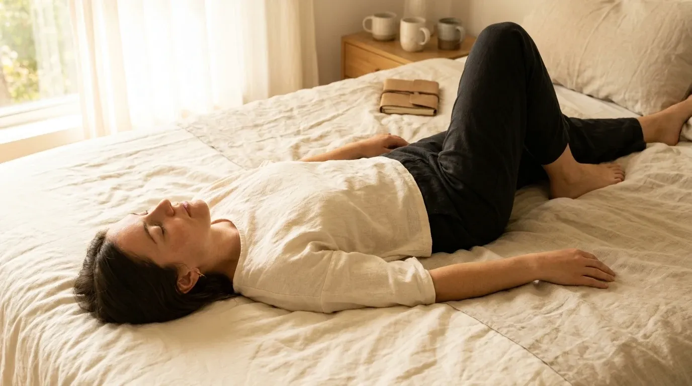 A person lying still on their back on warm cream-colored sheets in soft golden morning light.