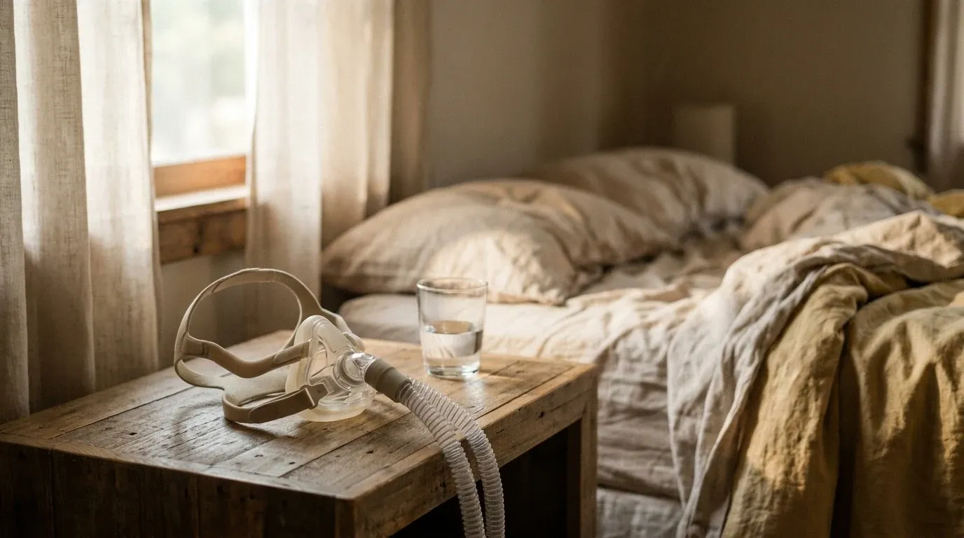 CPAP mask and water glass on a nightstand beside rumpled bedding in soft morning light.