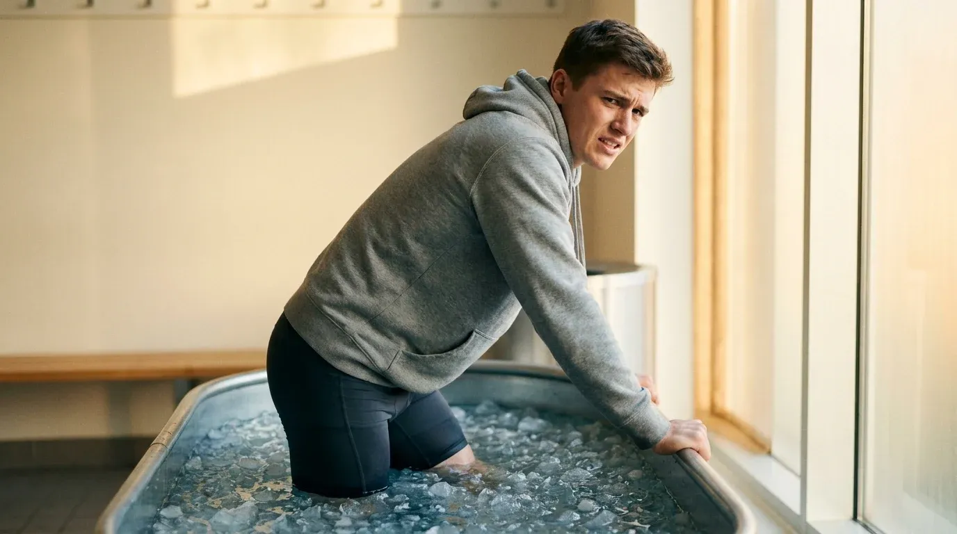 Young athlete hesitating as he lowers into an ice-filled plunge tub with a tense expression.