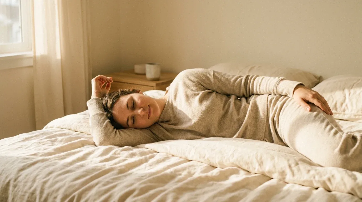 A person rests peacefully on cream linen sheets, bathed in soft golden morning light.