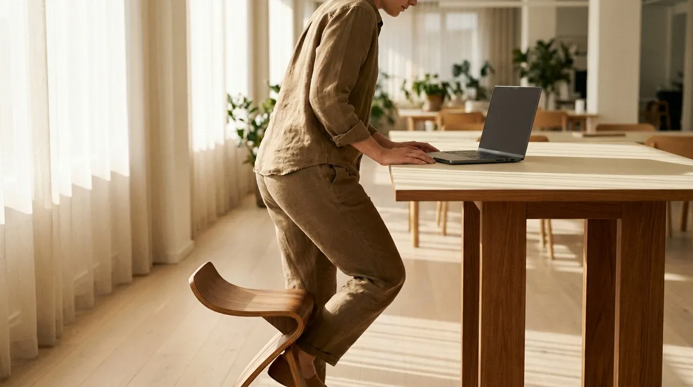 Person rising from a stool at a standing desk in a bright, minimalist office with natural light.