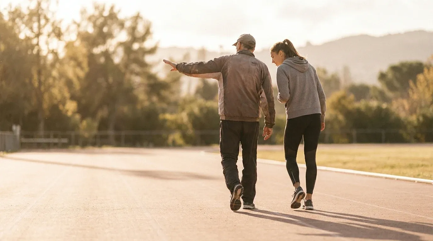 A coach and athlete walk together on a track in conversation, bathed in warm golden late-afternoon light.