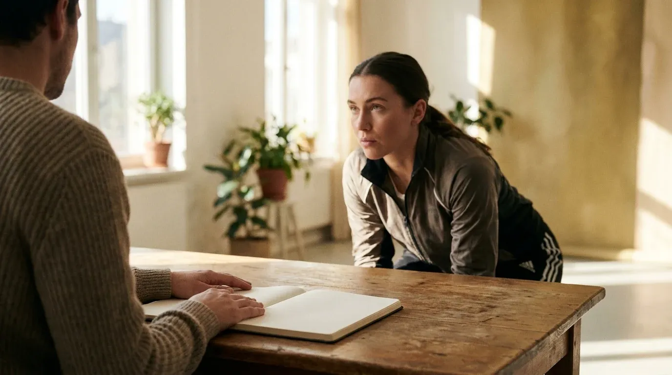 A mental performance coach and athlete in focused conversation at a wooden table, lit by soft morning light.