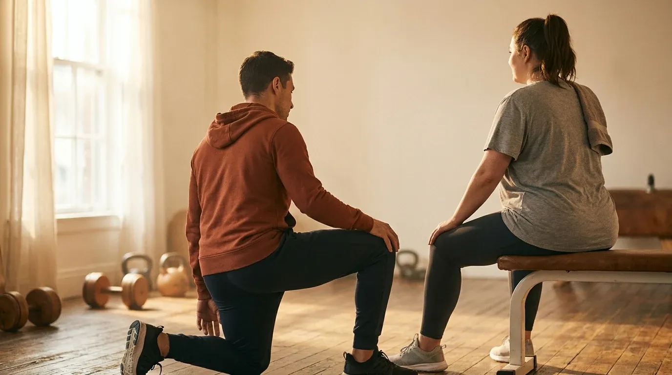 A personal trainer kneeling beside a seated client on a gym bench in soft golden morning light.