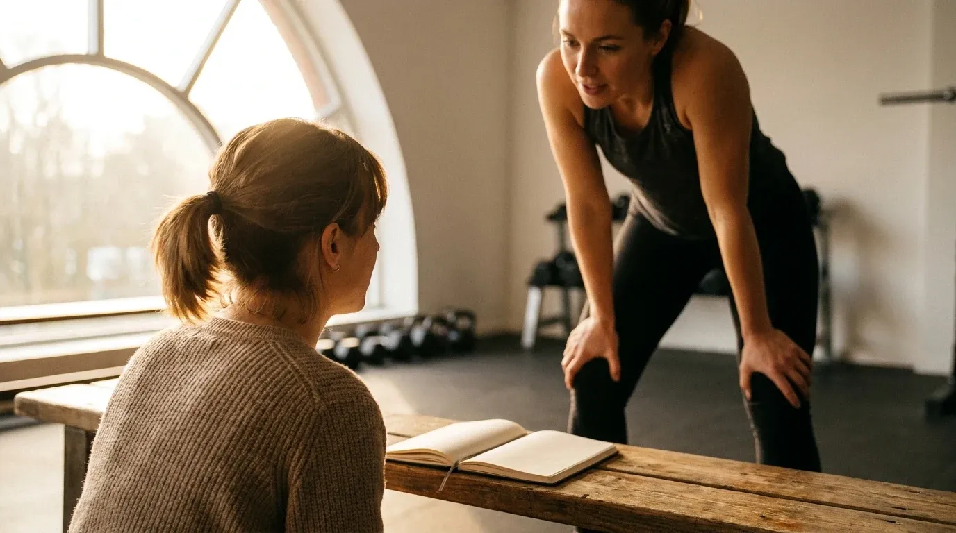 A female coach and client review notes together on a gym bench in warm natural light.