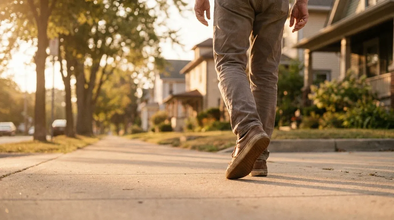 An older adult's legs and feet in motion during a morning walk on a sun-warmed residential sidewalk.