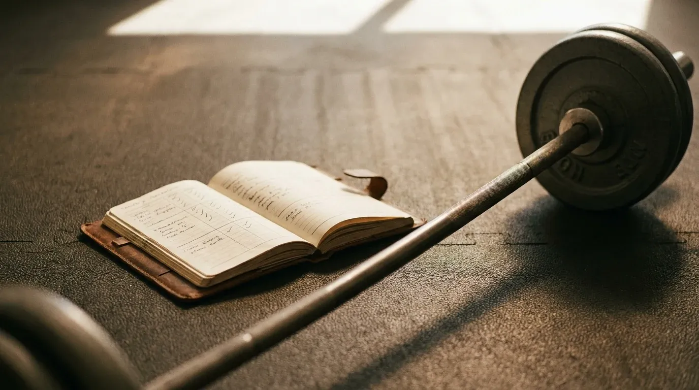Training log and loaded barbell on gym floor photographed from directly above in warm golden light.