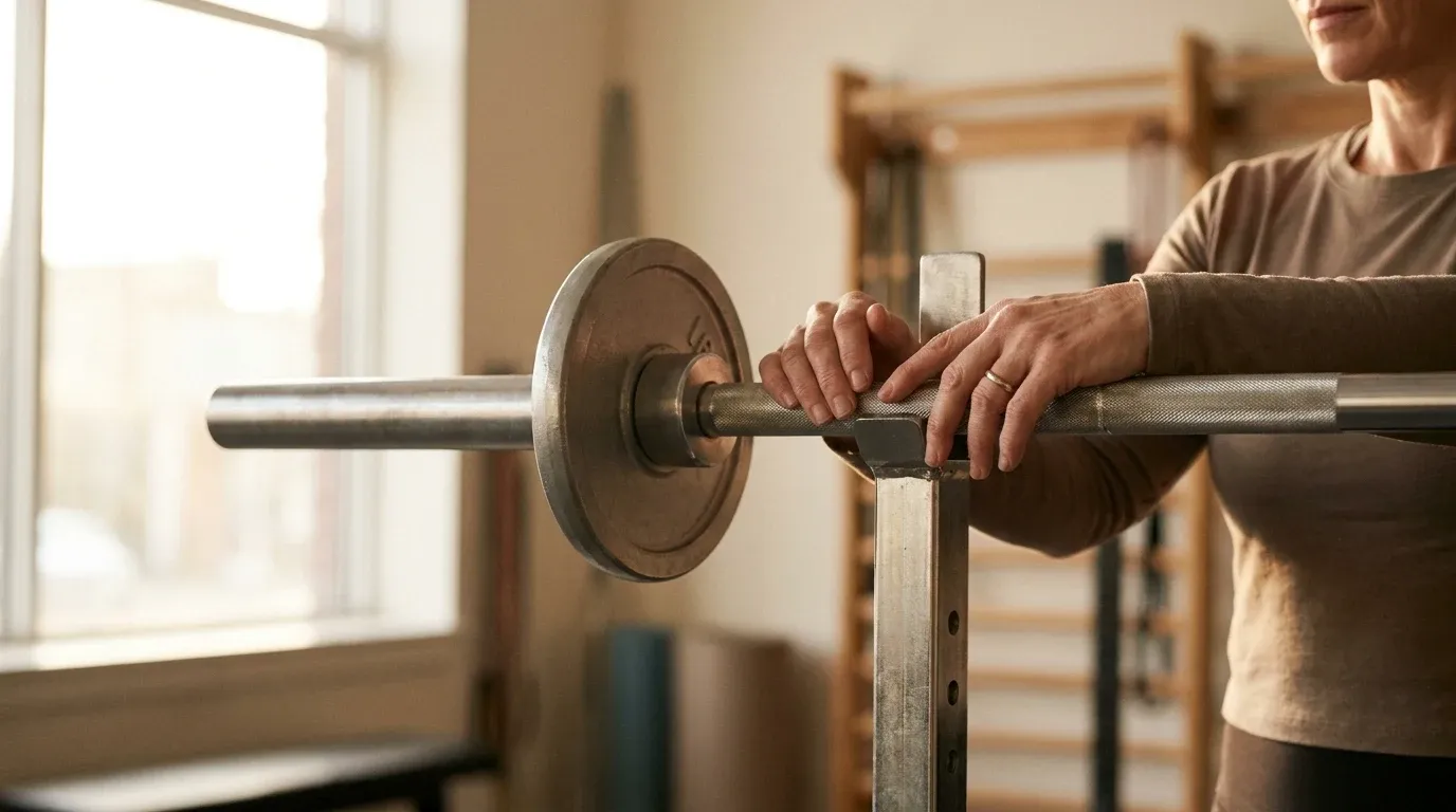 Middle-aged woman's hands resting on a barbell in close-up at a gym.