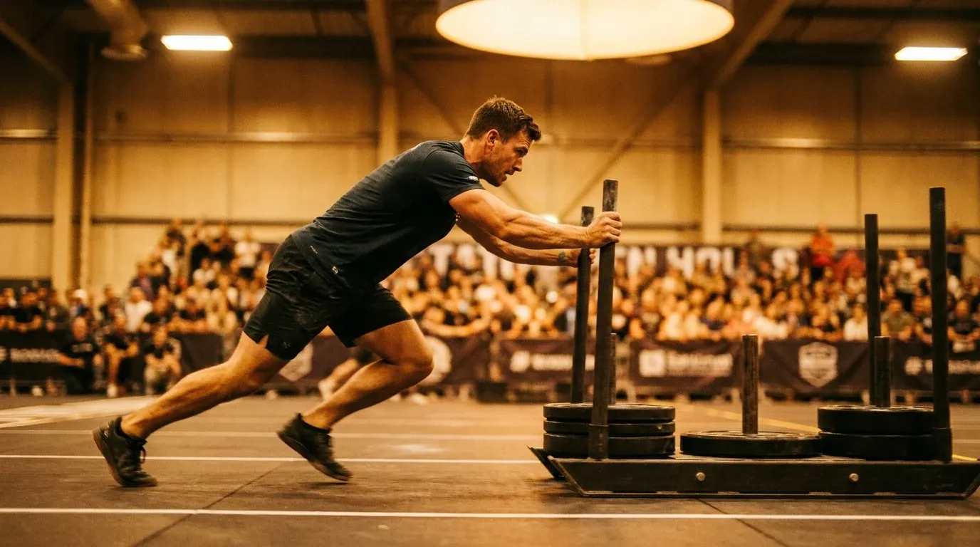 Male athlete explosively pushing a loaded sled low to ground in an indoor competition arena with blurred crowd in warm golden lighting.