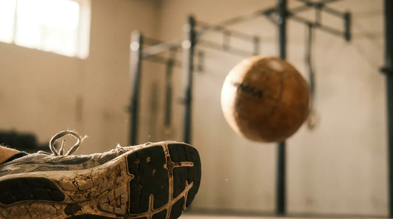 Worn running shoe in sharp focus with wall ball in mid-arc behind it, capturing the athletic struggle in HYROX competition.