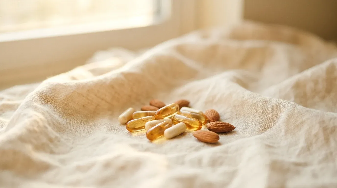 Translucent magnesium capsules and raw almonds arranged on warm cream linen in soft natural light.