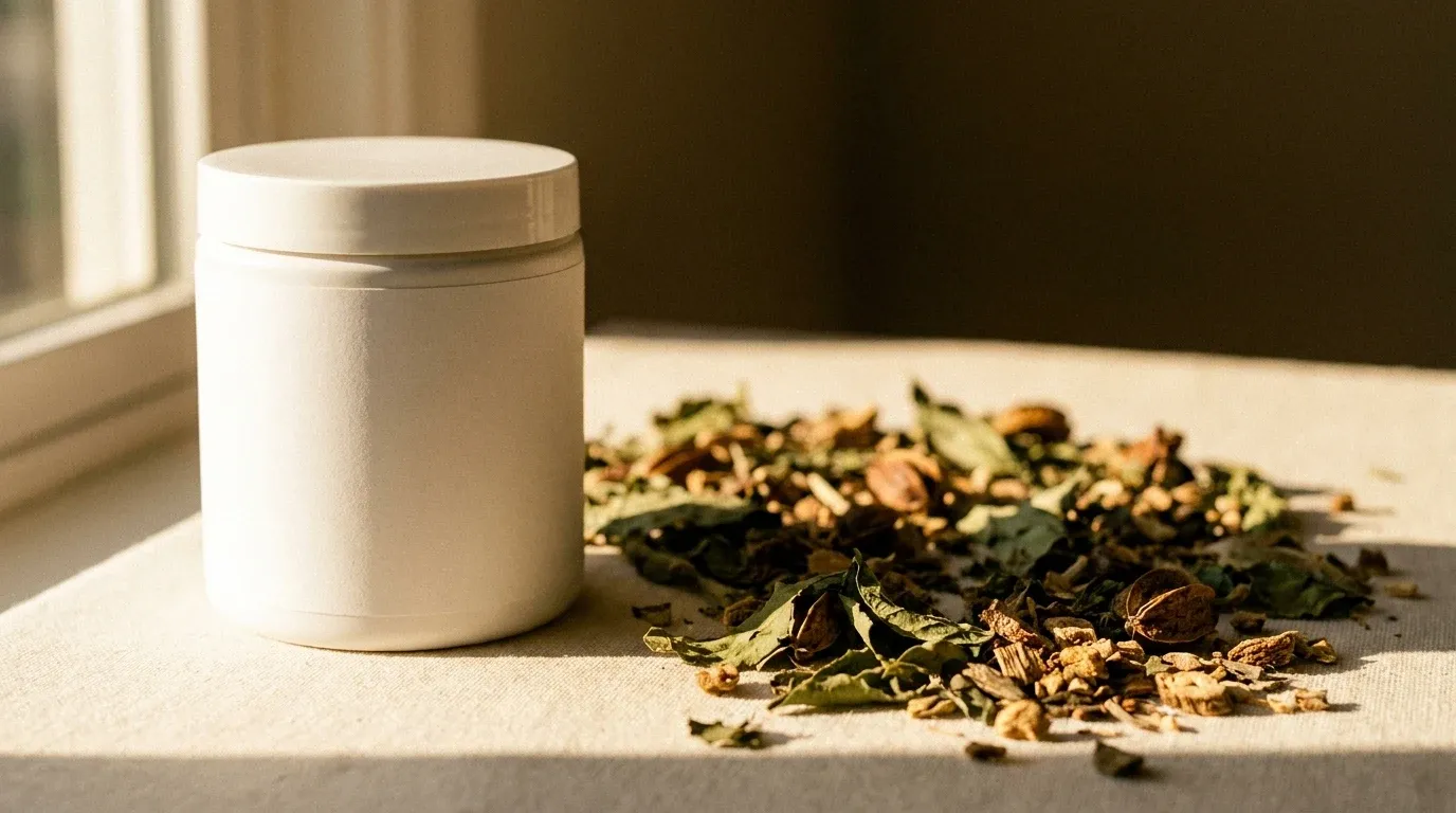 Sealed white supplement jar beside scattered dried botanicals, illustrating the contrast between regulation and industry shortcuts.
