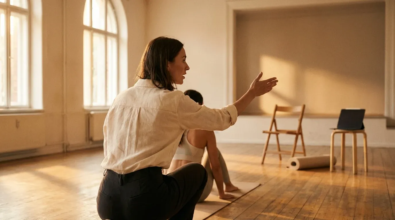 Coach actively instructing a client on a gym floor while an empty coaching zone sits idle in the soft-focused background.