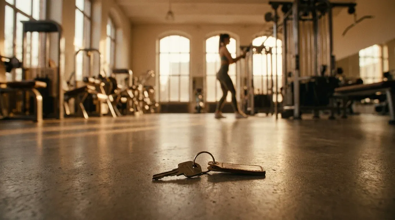An abandoned locker key in sharp focus on a gym floor with a lone member exercising in the distant background.