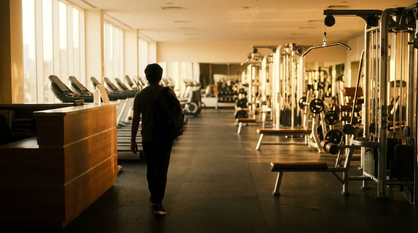 New gym member walks toward the workout floor after registration, bathed in warm golden-hour light.