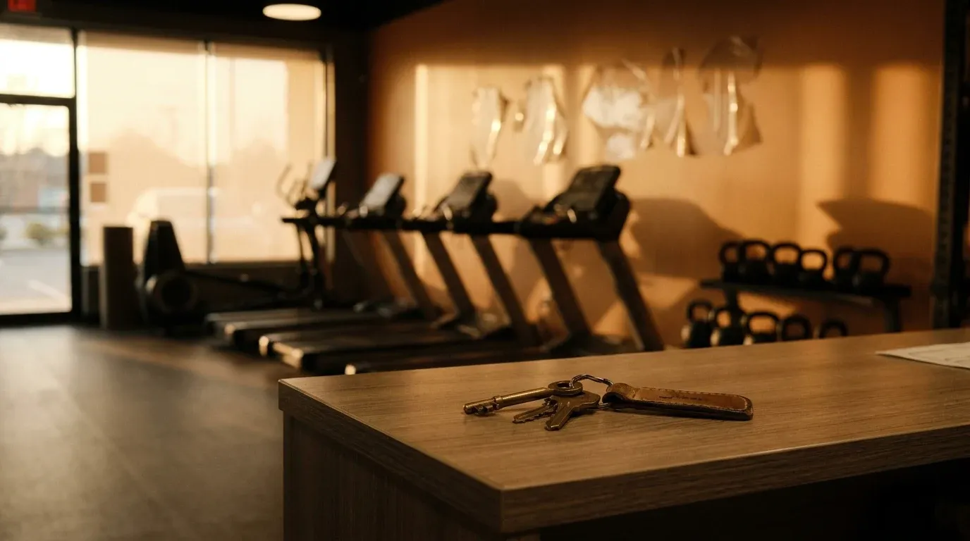 Abandoned fitness studio reception desk with keys in focus, empty equipment blurred behind in golden afternoon light.