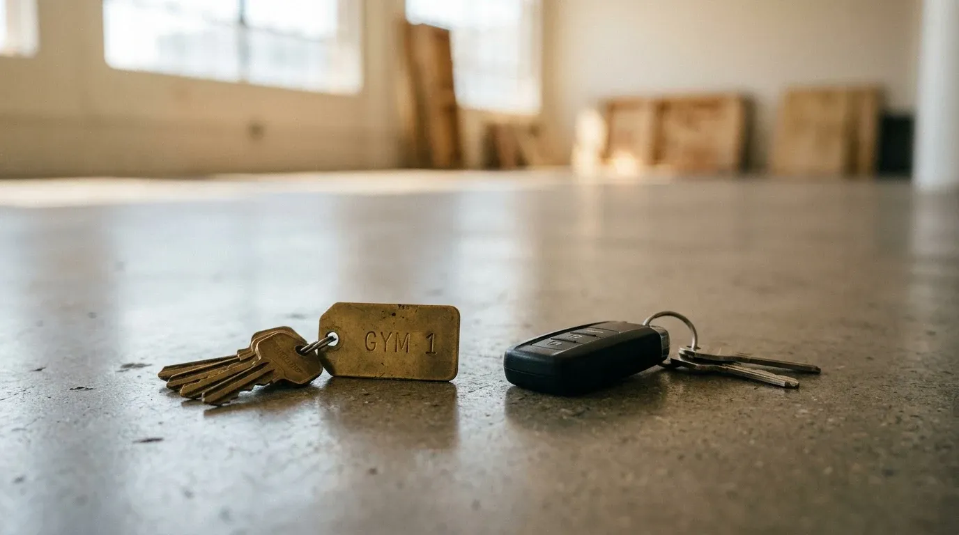 Two gym keys side by side on polished concrete—one vintage brass, one modern matte black.