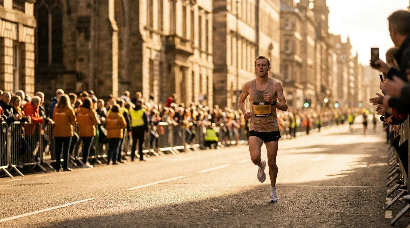 Elite male runner sprinting through the final stretch of a city marathon in golden-hour light.