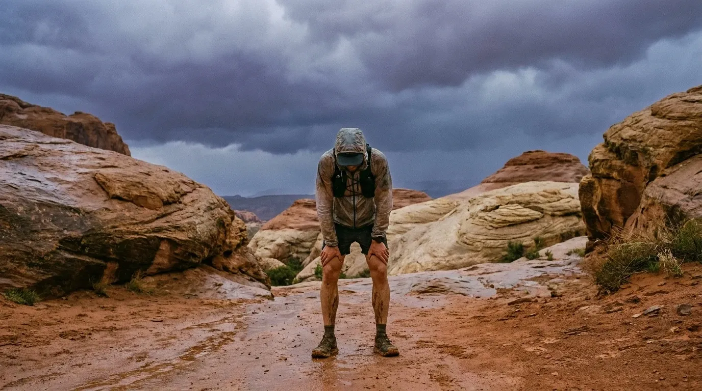Exhausted ultrarunner stopped mid-stride on a remote desert trail beneath a heavy, storm-darkened sky.