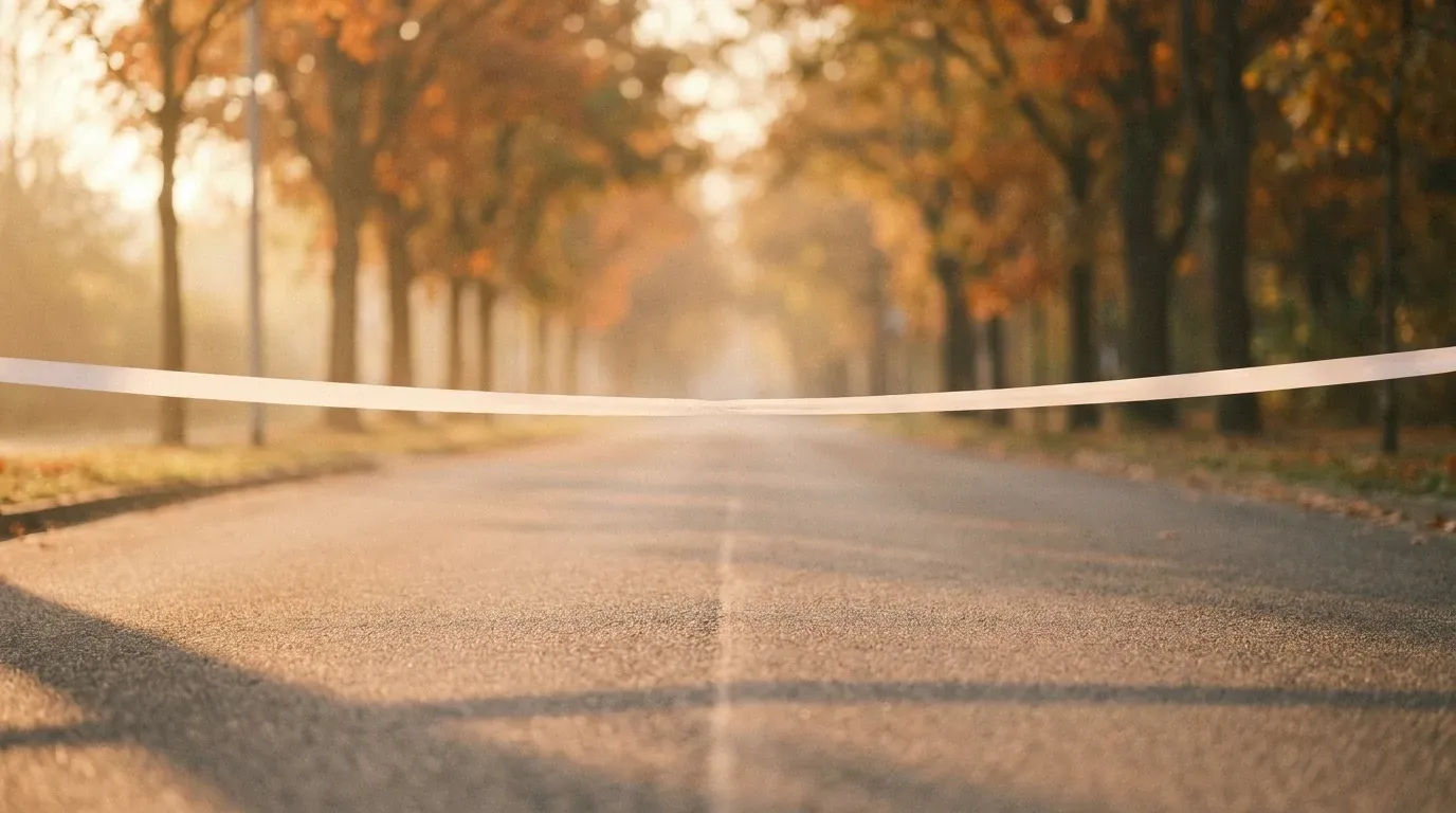 White finish line tape stretched across an empty urban road at golden hour in autumn.