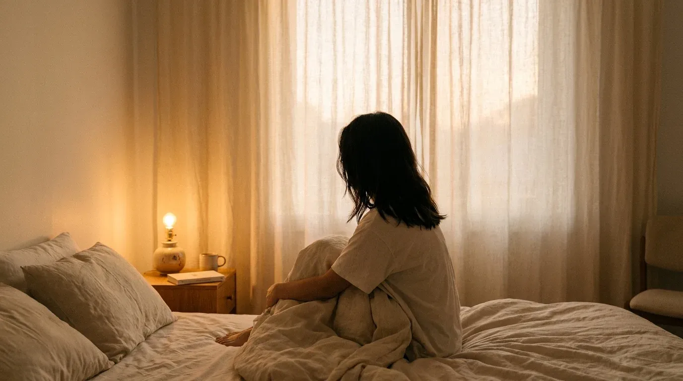 Person sitting upright in bed at dawn, gazing out a window with soft golden light filtering through sheer curtains.