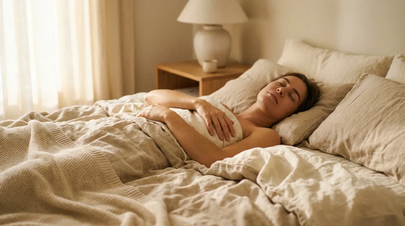 A person sleeping peacefully on cream-colored linen sheets in warm morning light.