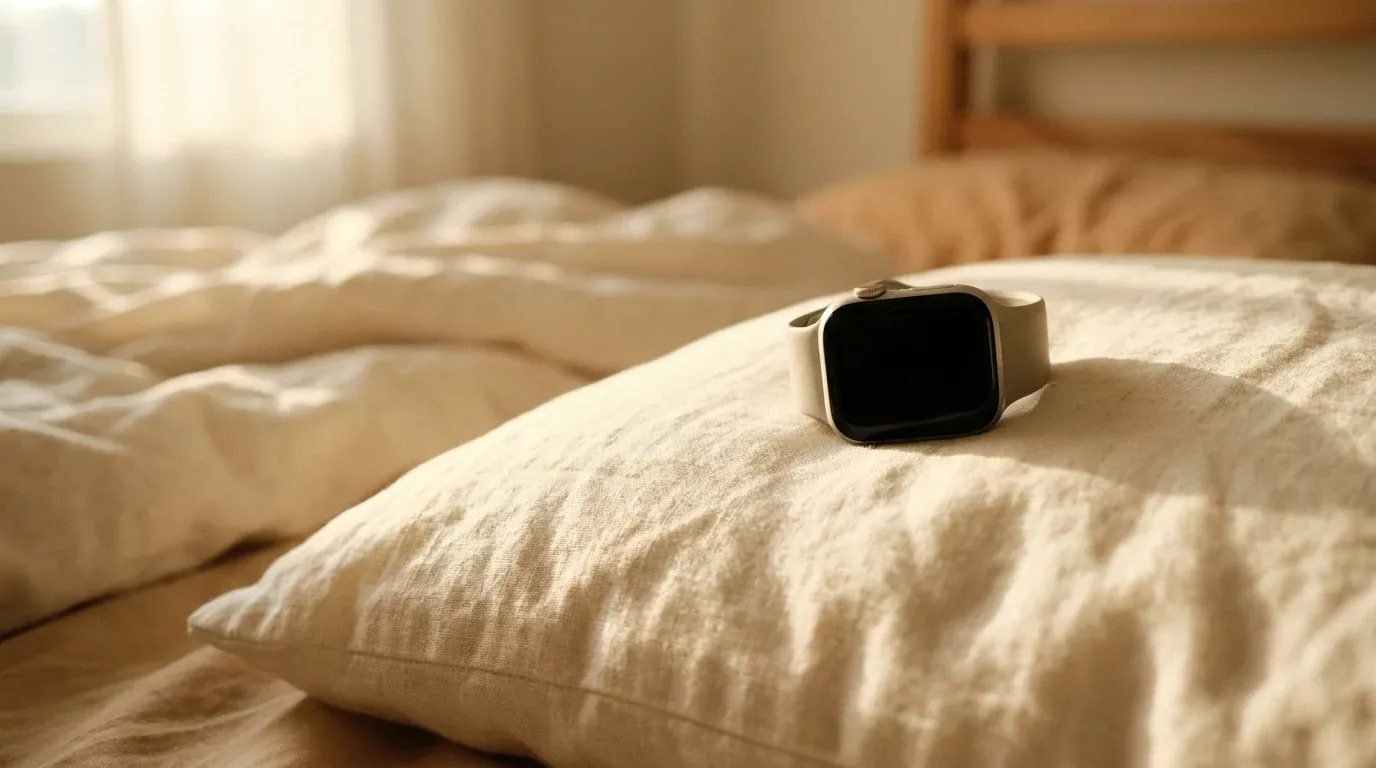 A smartwatch rests on a rumpled linen pillow in a warm, sunlit bedroom with soft morning light.