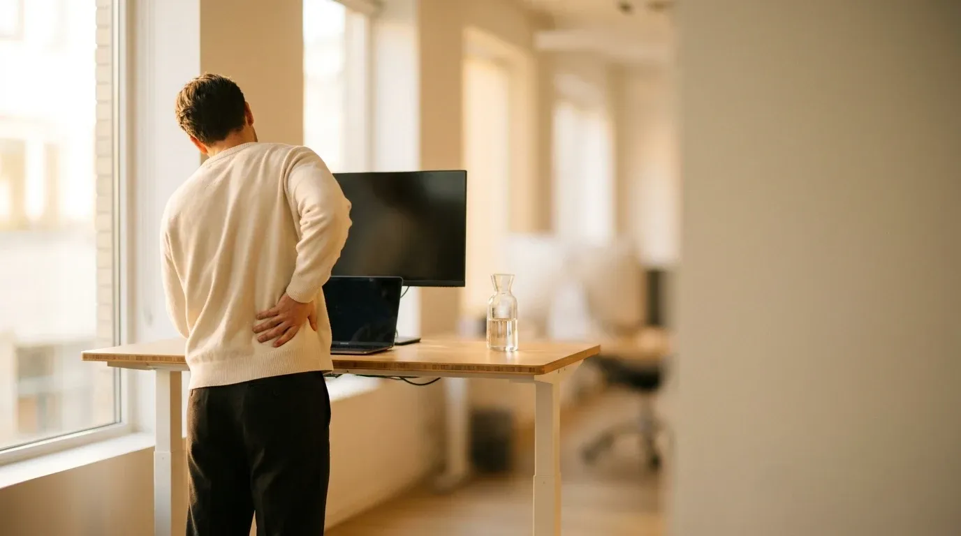 Person stretching their shoulder at a modern sit-stand desk in a bright minimalist office.
