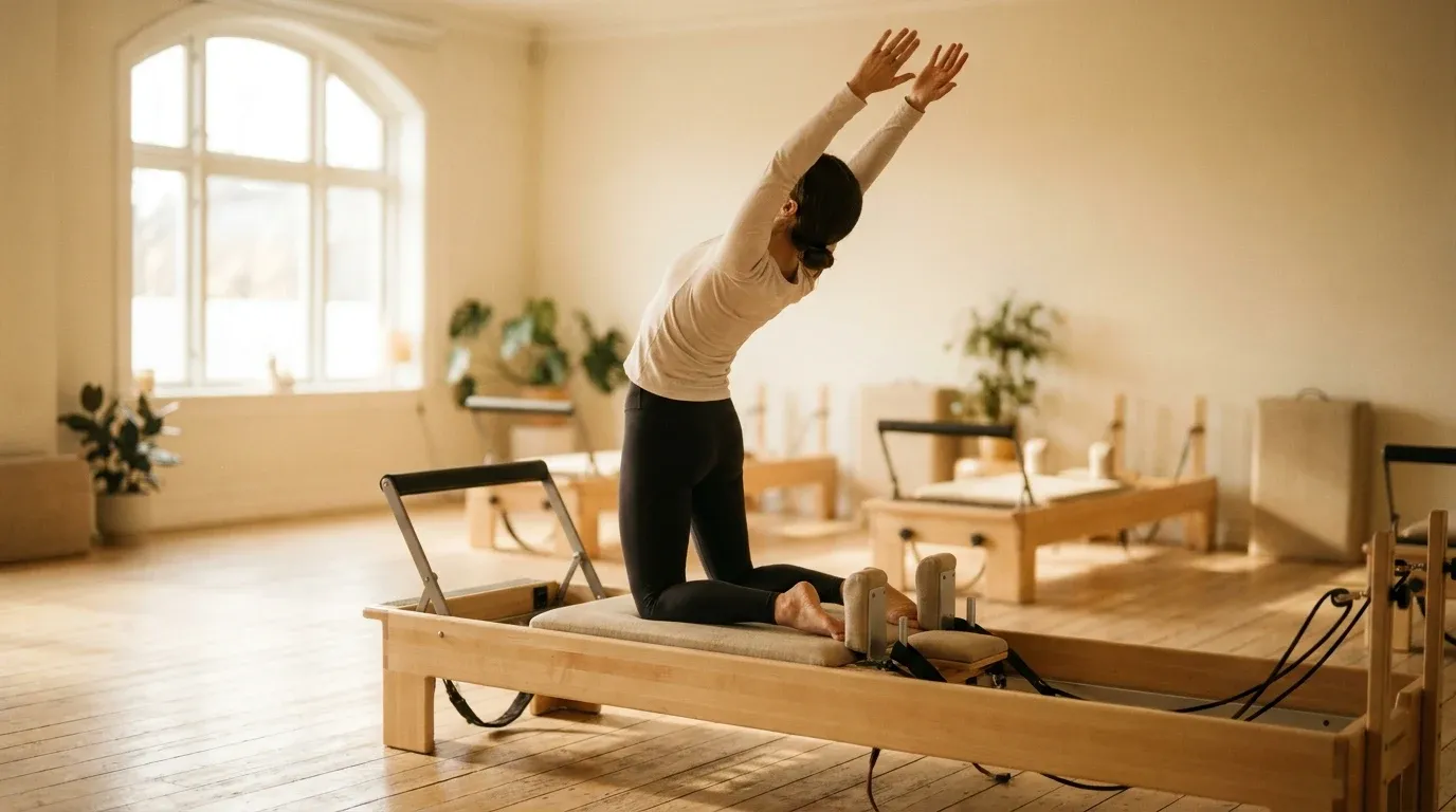 Person performing a spine stretch on a light wood Pilates reformer with arms extended overhead in a bright studio.